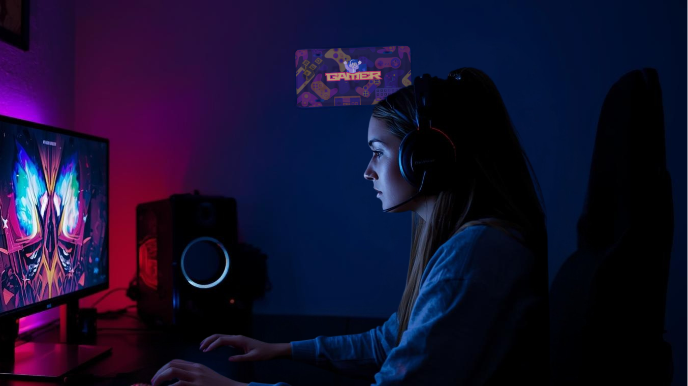 Person playing a video game on a computer with colorful lighting in a dark room.