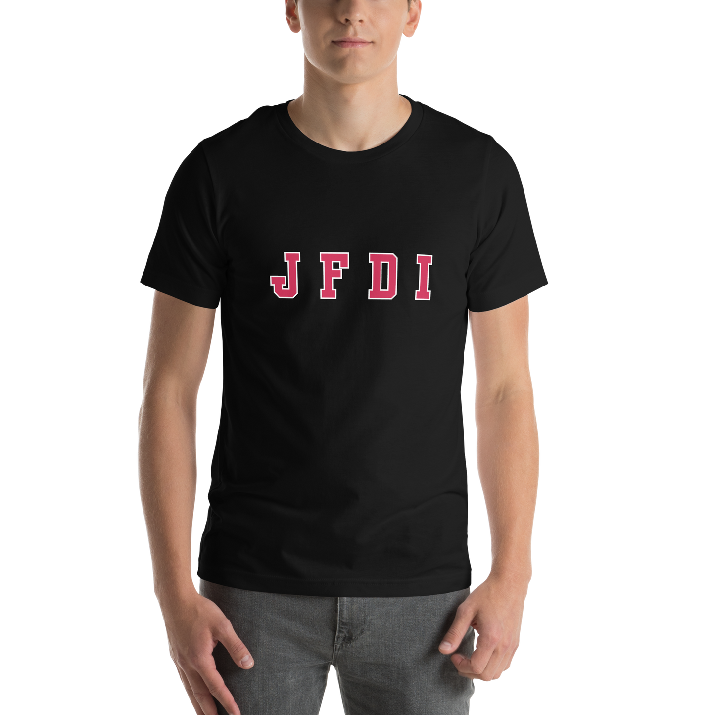 Black crew neck t-shirt with JFDI text on the front