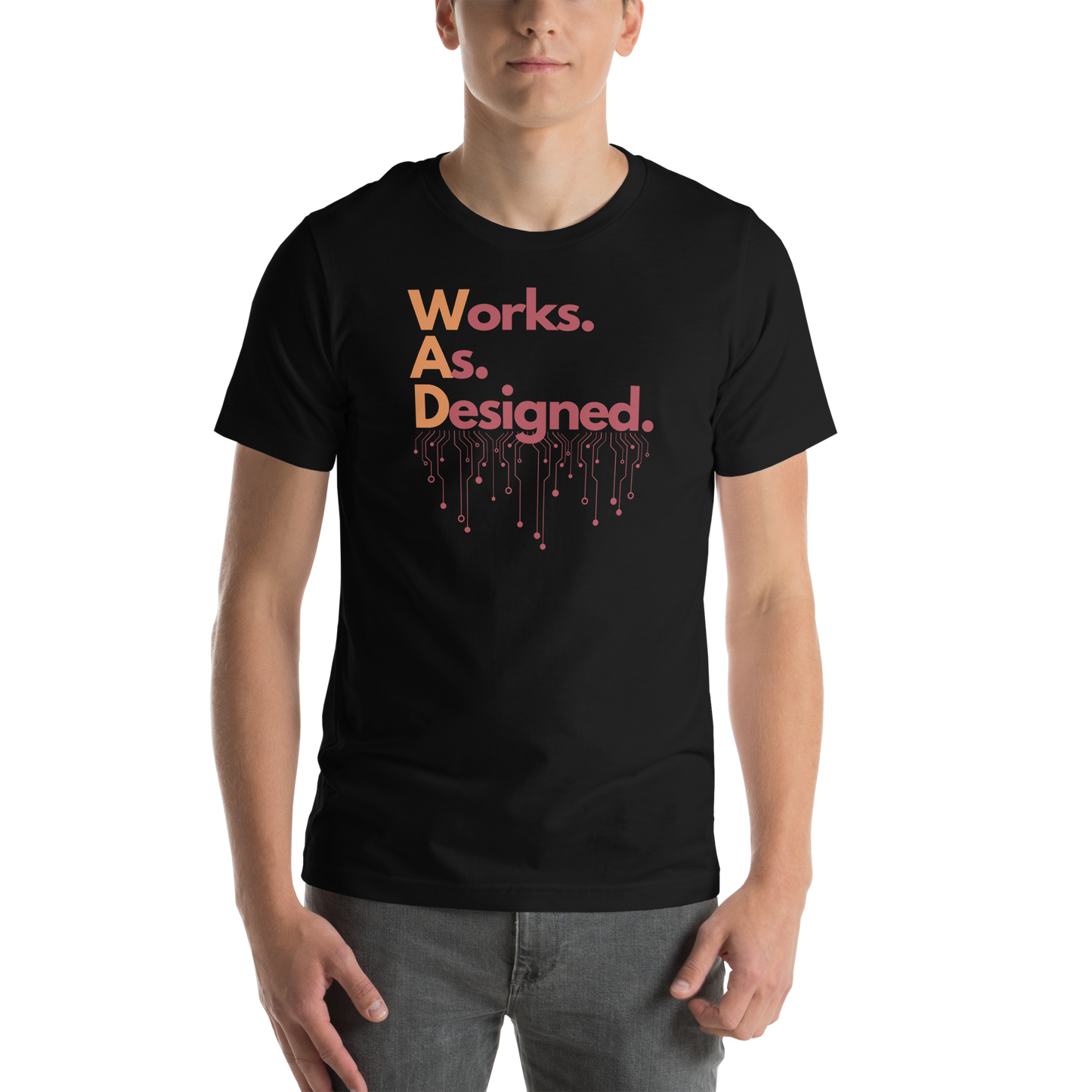 Black crew neck t-shirt with 'Works As Designed' text design on the front.