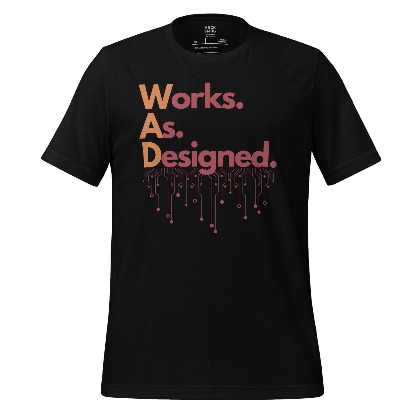 Black crew neck t-shirt with text 'Works. As. Designed.' printed with electronic circuit design that also looks like a dripping font style on the front.