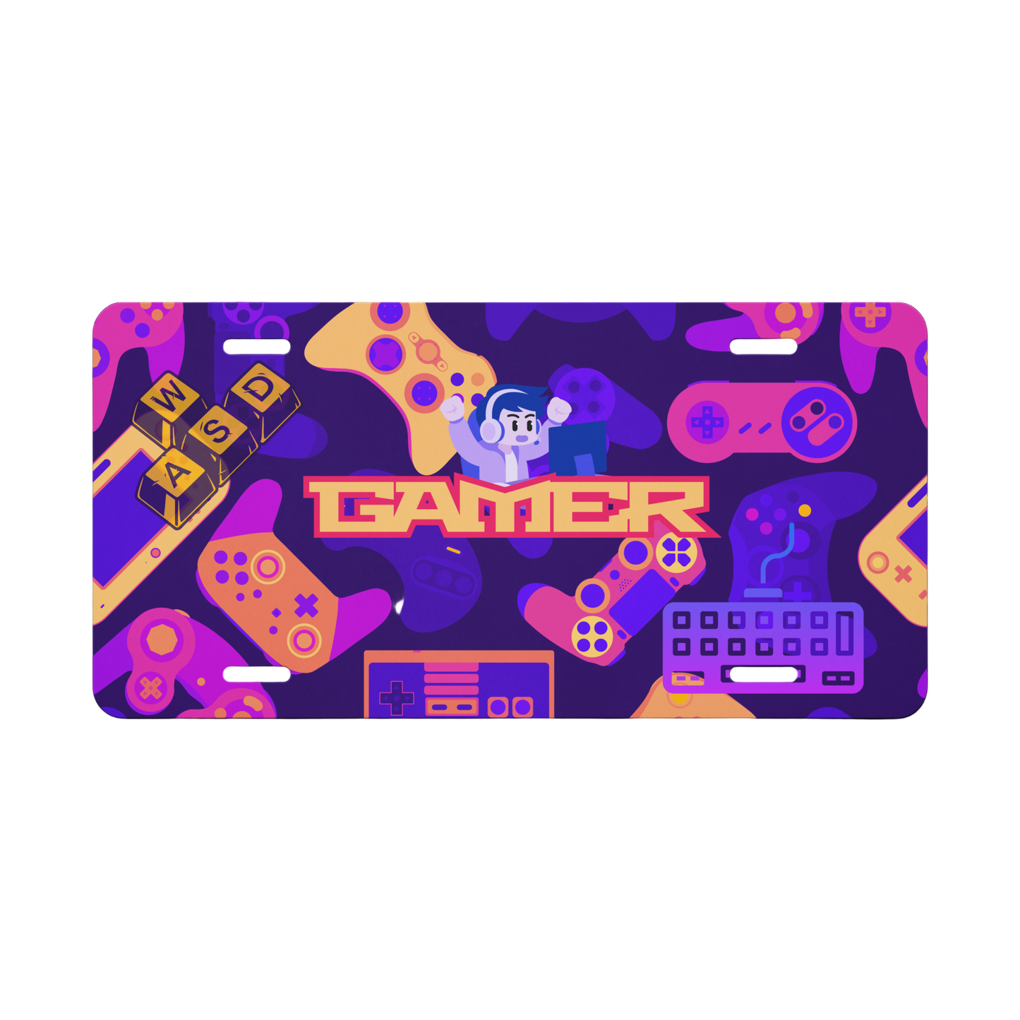 Gaming-themed license plate with colorful graphics and the word 'Gamer' on a purple background.