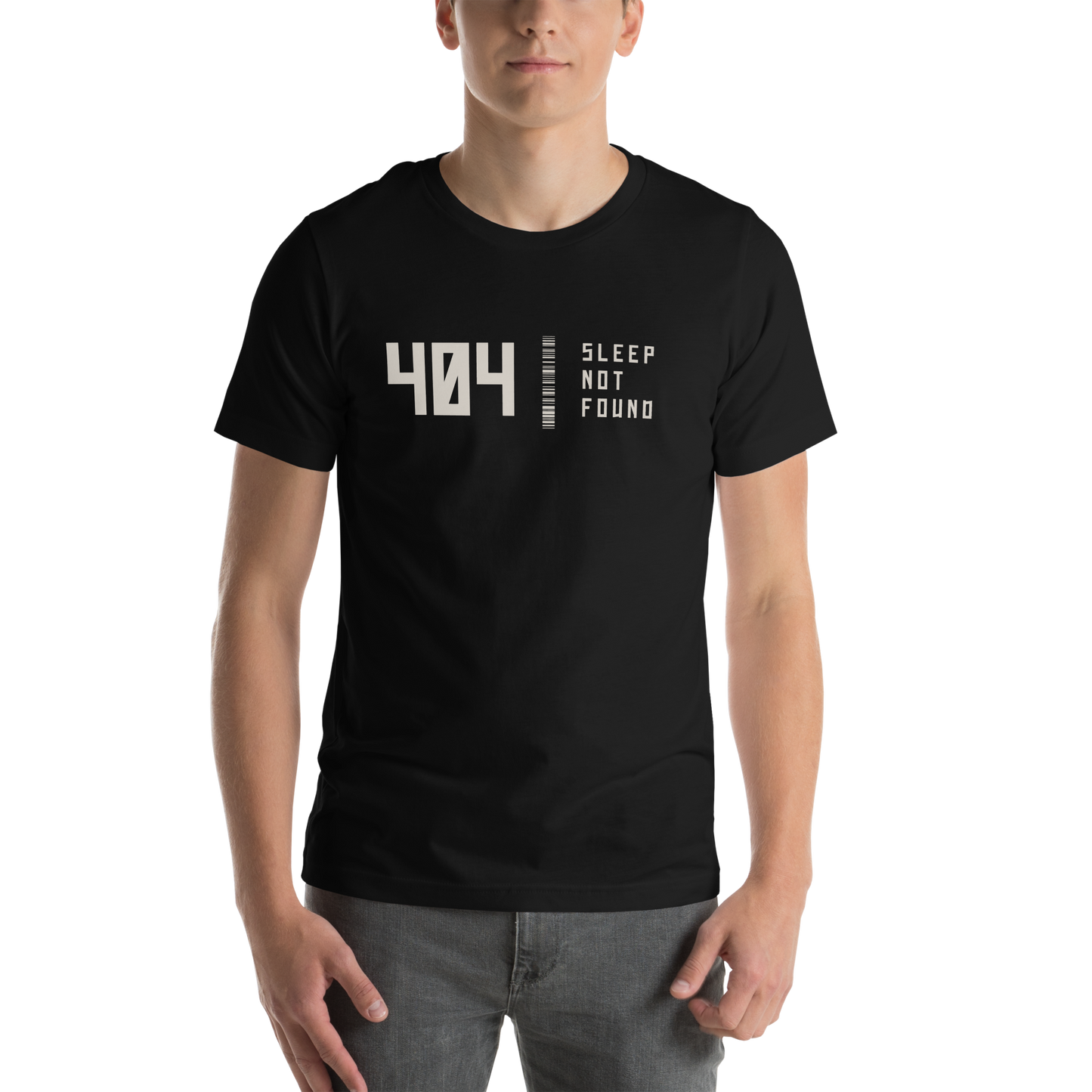 Person wearing a black t-shirt with '404 Sleep Not Found' text on a white background