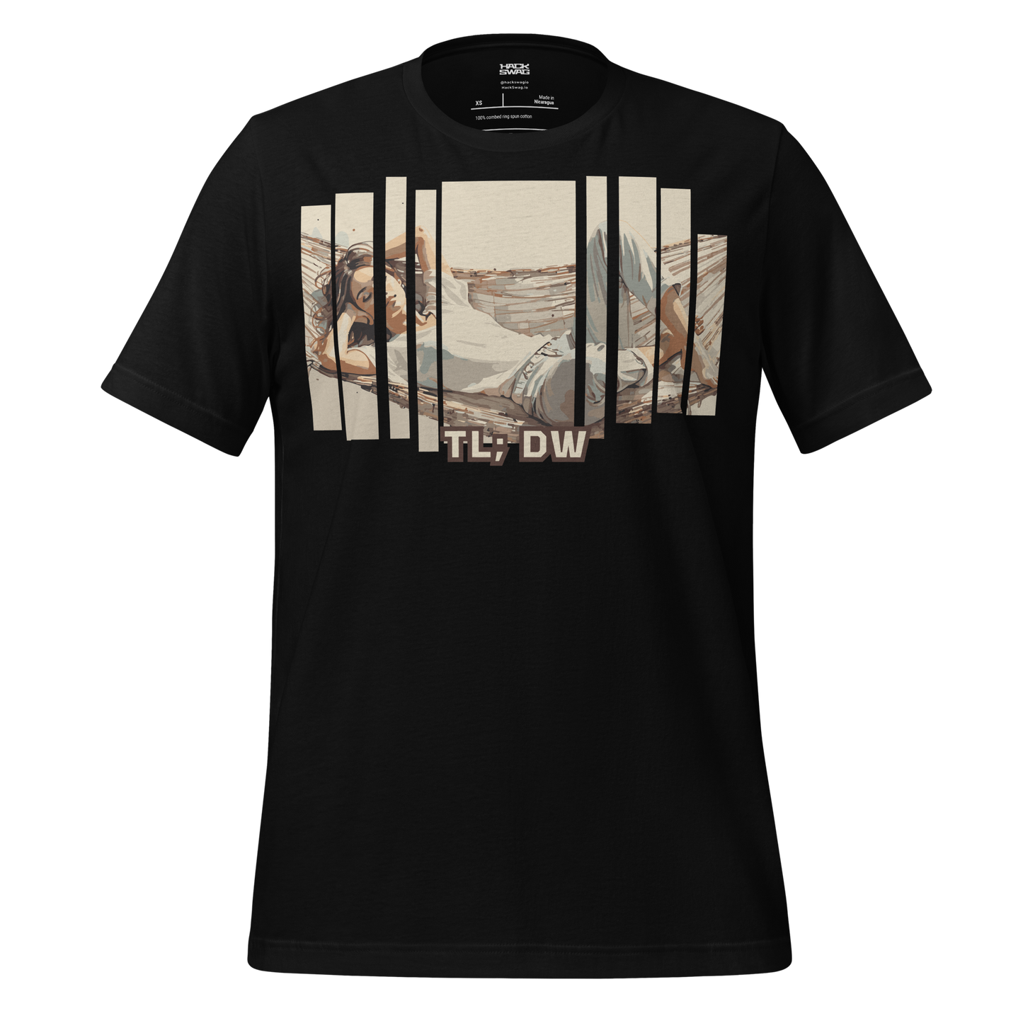Black t-shirt with graphic design of person relaxing on hammock and text 'TL DW'