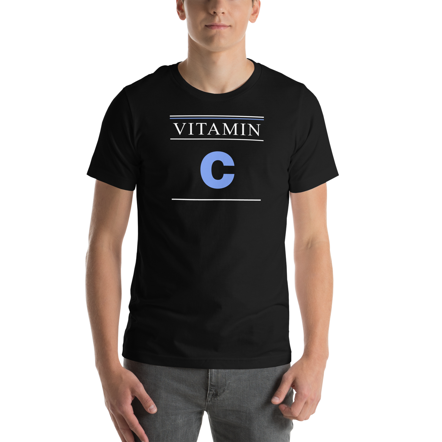 Person wearing a black t-shirt with 'VITAMIN C' printed on it.