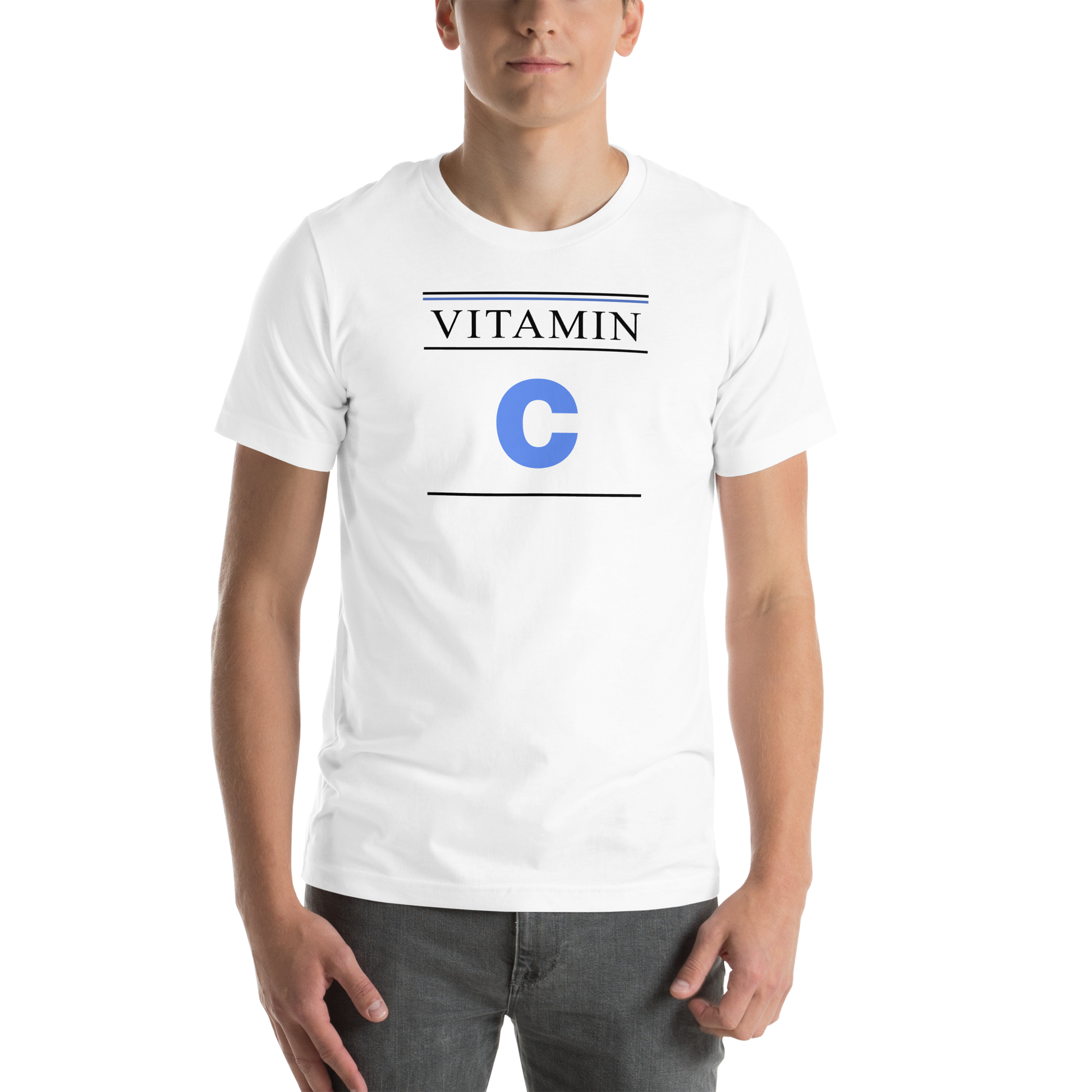 Person wearing a white t-shirt with 'VITAMIN C' print on a white background