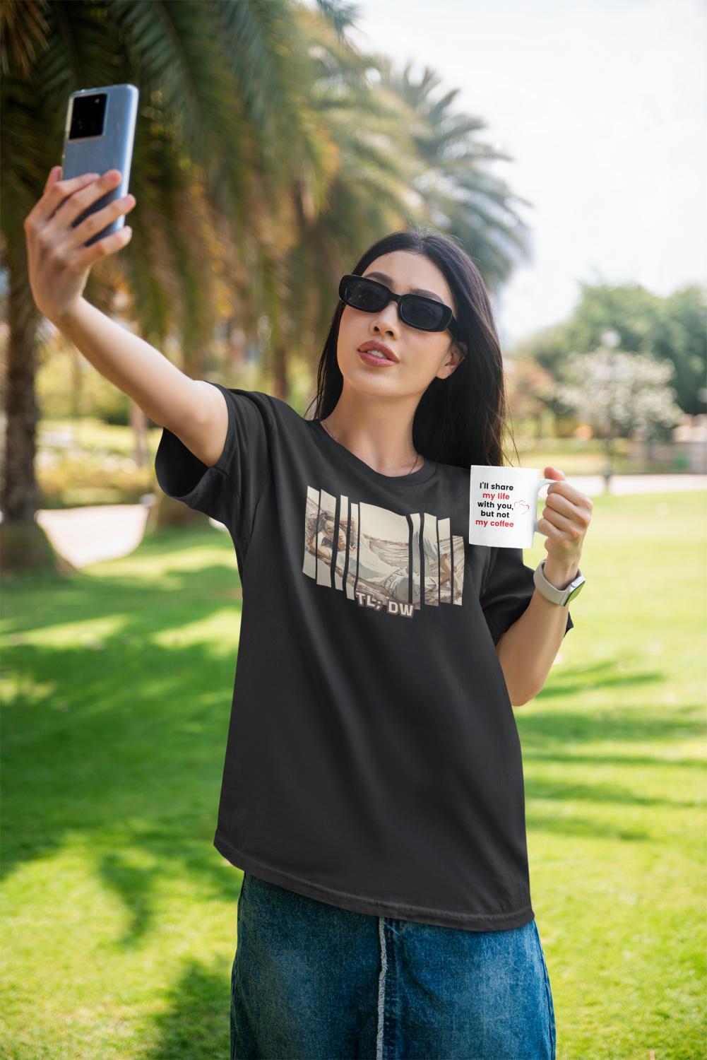Woman taking a selfie in a park holding a hackswag couples coffee mug and wearing a black TLDW t-shirt from HackSwag.