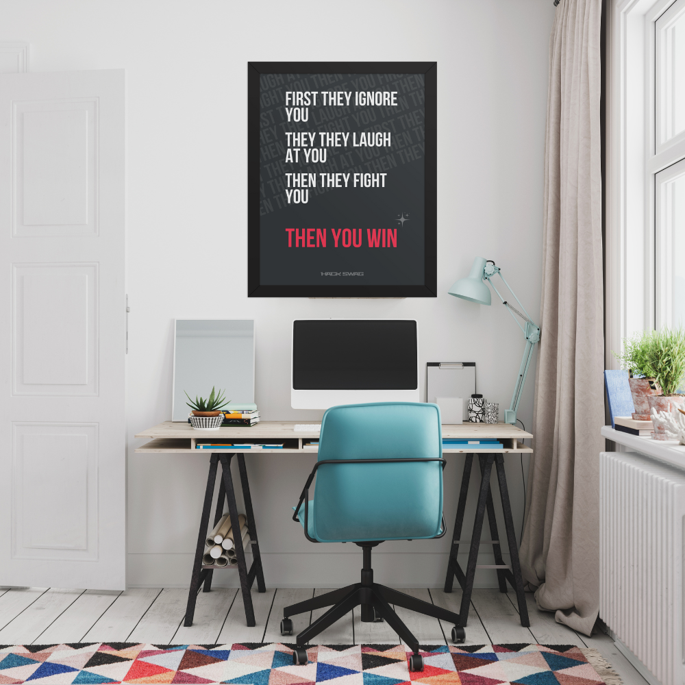 Modern office space with motivational poster on the wall