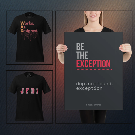 Black t-shirt with 'JFDI' text, black poster with motivational quote, and black t-shirt with 'Works As Designed' text.