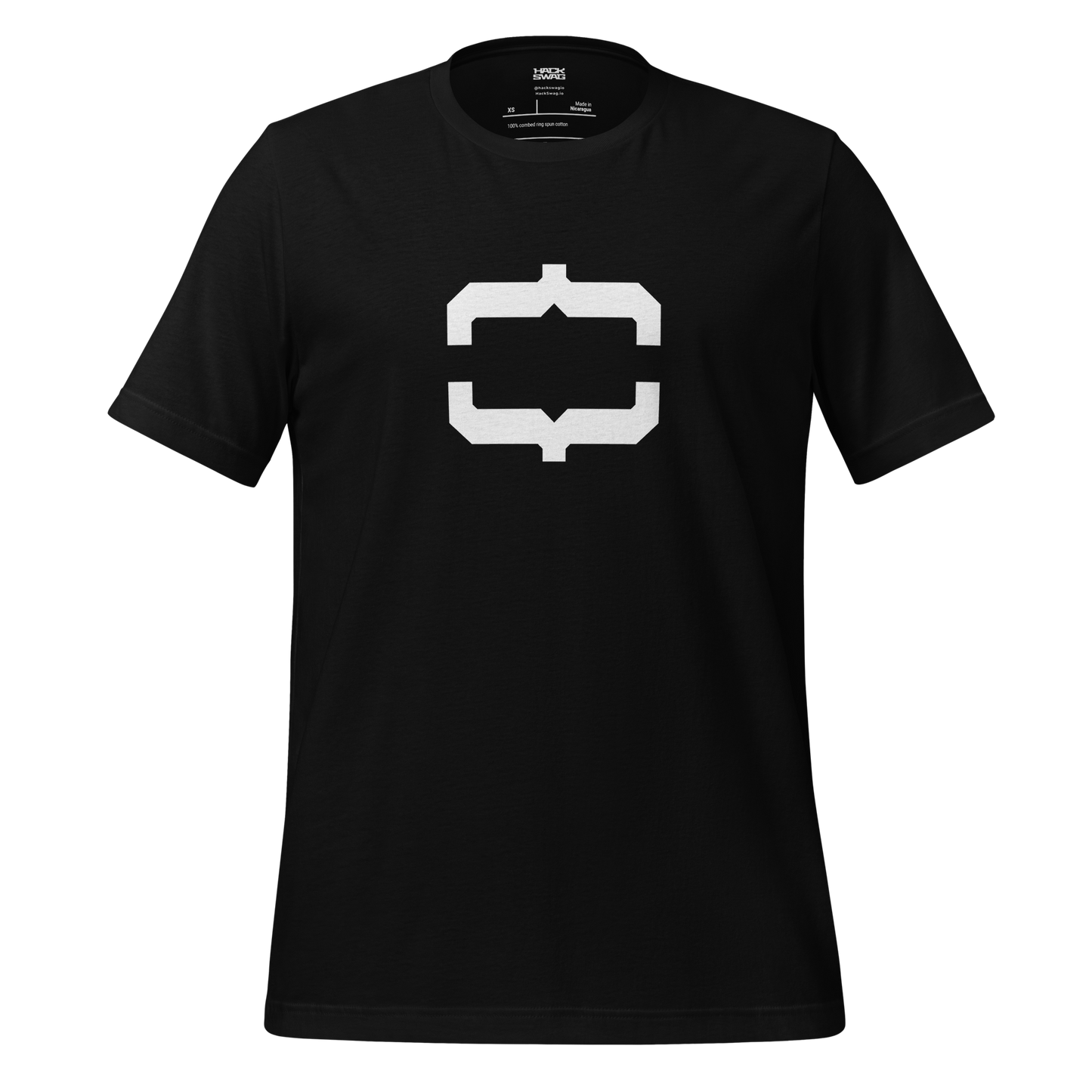 Black t-shirt with a white up-and-down curly braces spaced out like an open mouth