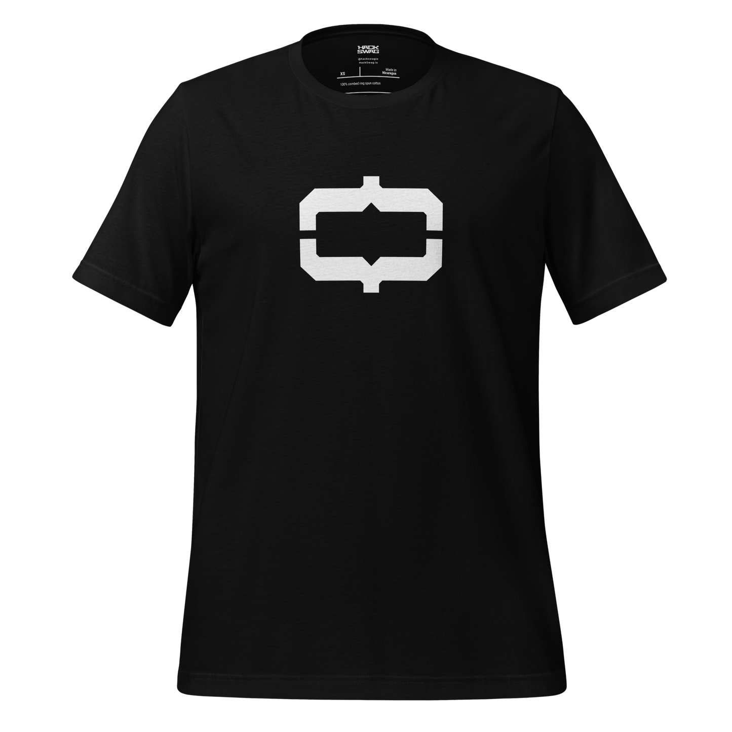 Black t-shirt with a white up-and-down curly braces