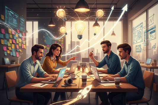 Startup team huddling enthusiastically at a table.