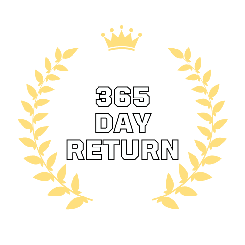Gold laurel wreath with '365 Day Return' text on a white background