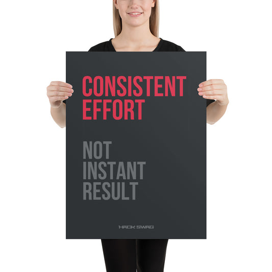Person holding a poster with 'CONSISTENT EFFORT NOT INSTANT RESULT' text.