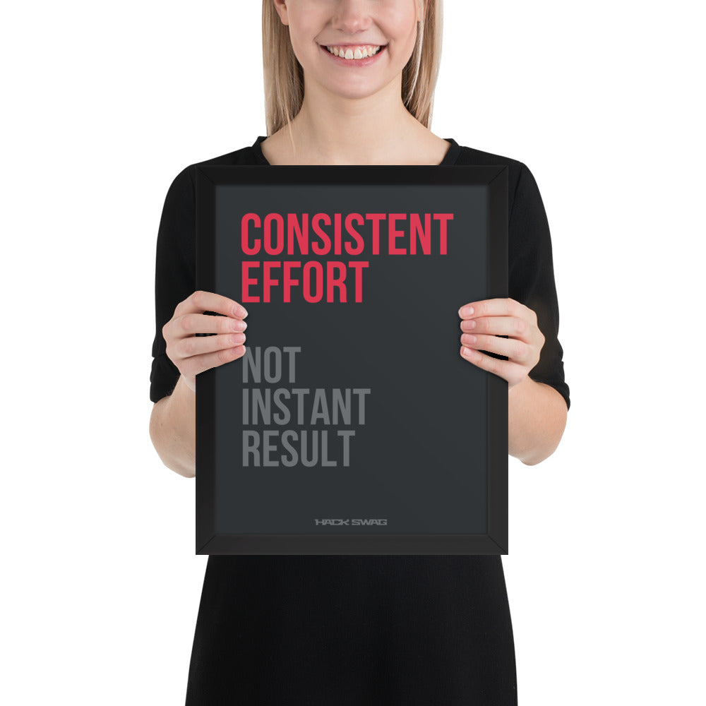 Product mockup- Person holding a framed poster with 'CONSISTENT EFFORT NOT INSTANT RESULT' text.