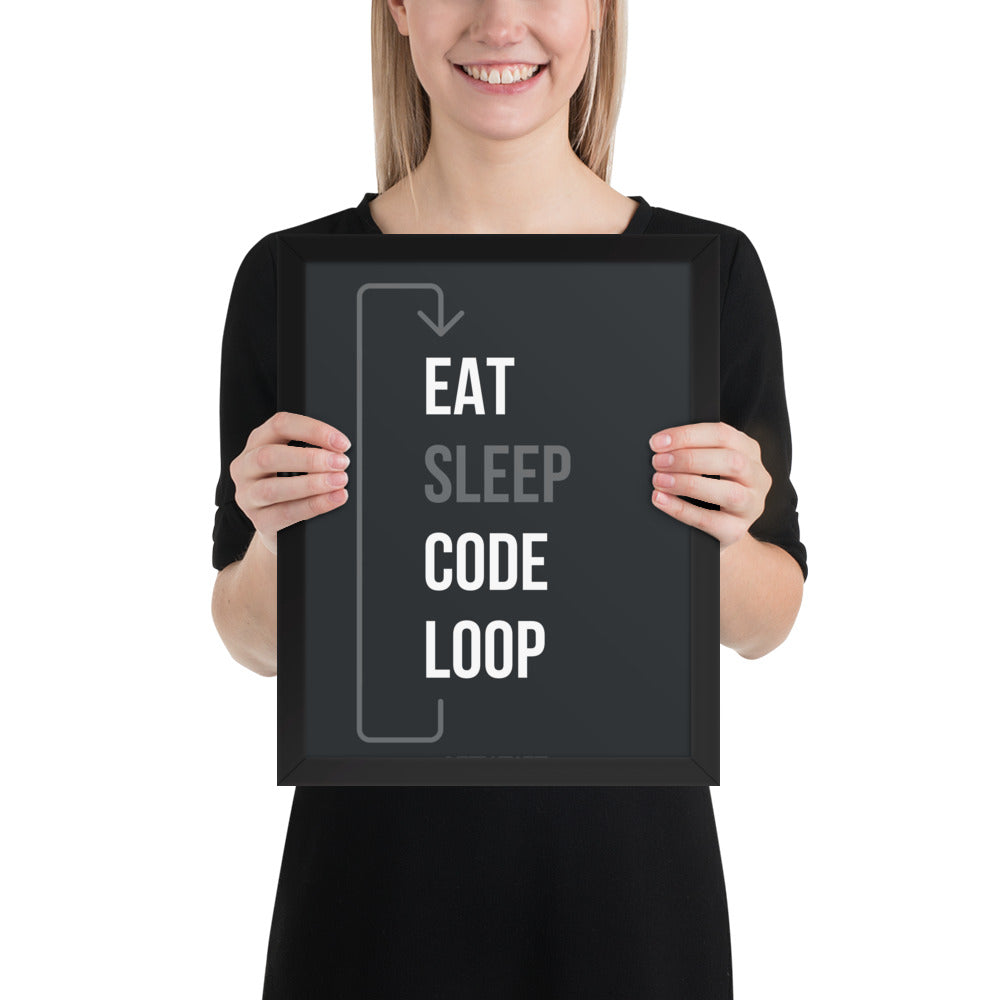 Person holding a framed poster with 'Eat Sleep Code Loop' text.
