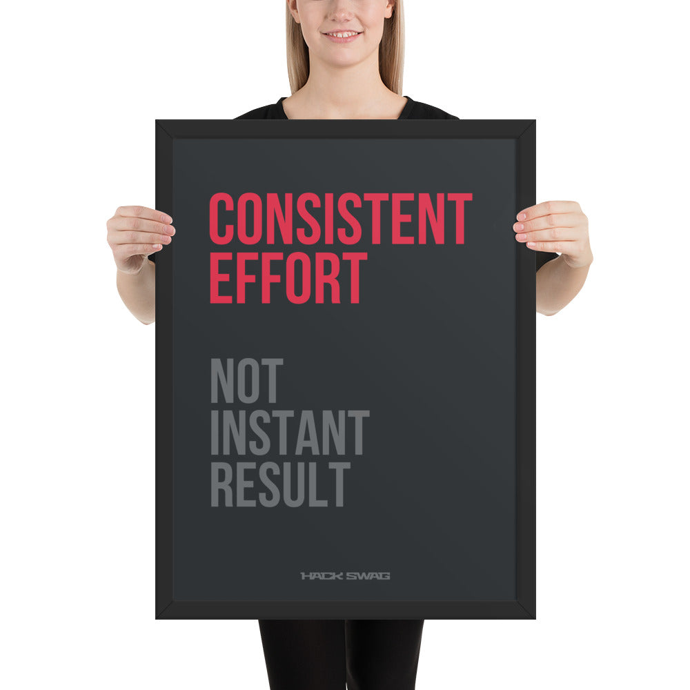 Product mockup- Person holding a framed poster with 'CONSISTENT EFFORT NOT INSTANT RESULT' text.