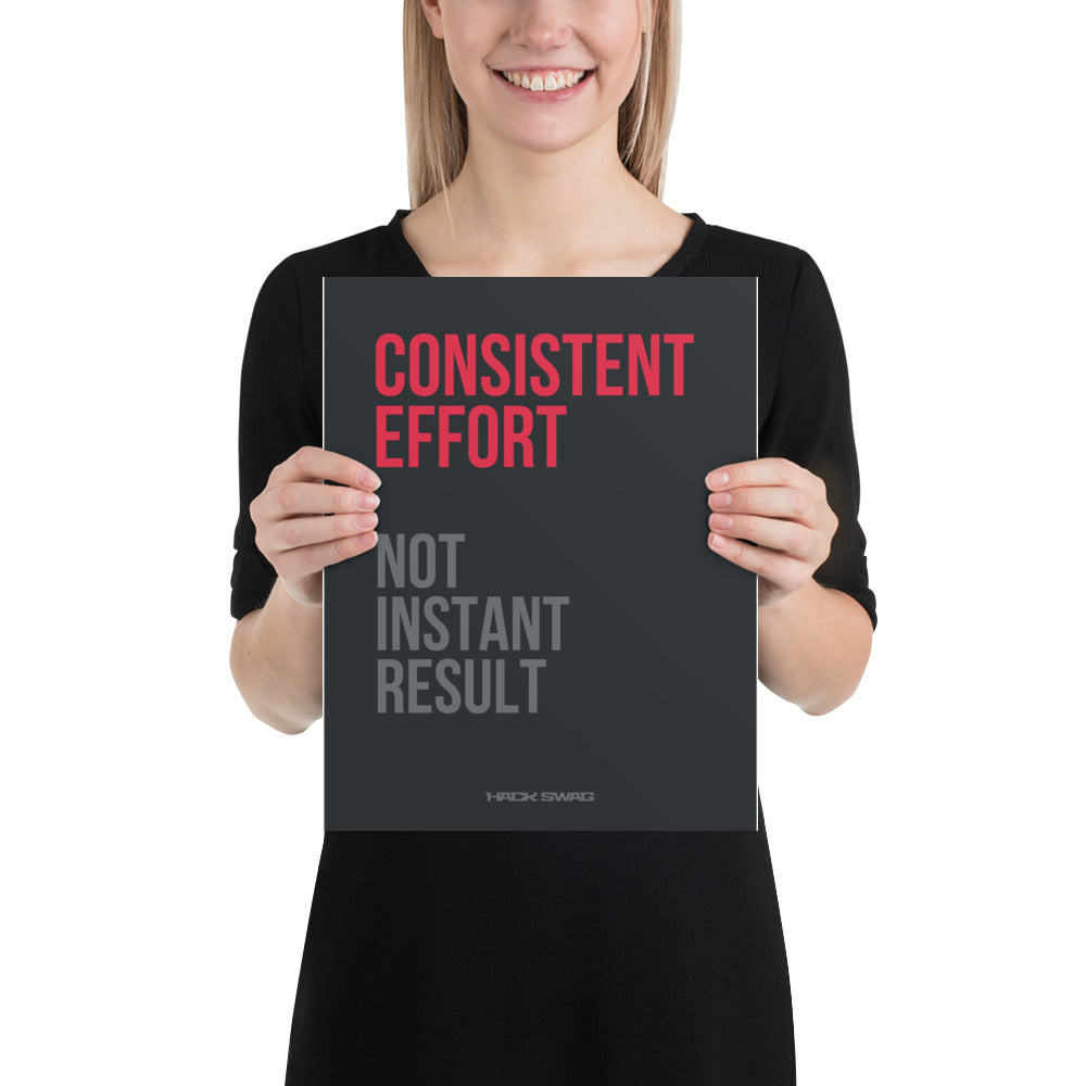 Product mockup- Person holding a poster with 'CONSISTENT EFFORT NOT INSTANT RESULT' text.