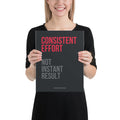 Product mockup- Person holding a poster with 'CONSISTENT EFFORT NOT INSTANT RESULT' text.
