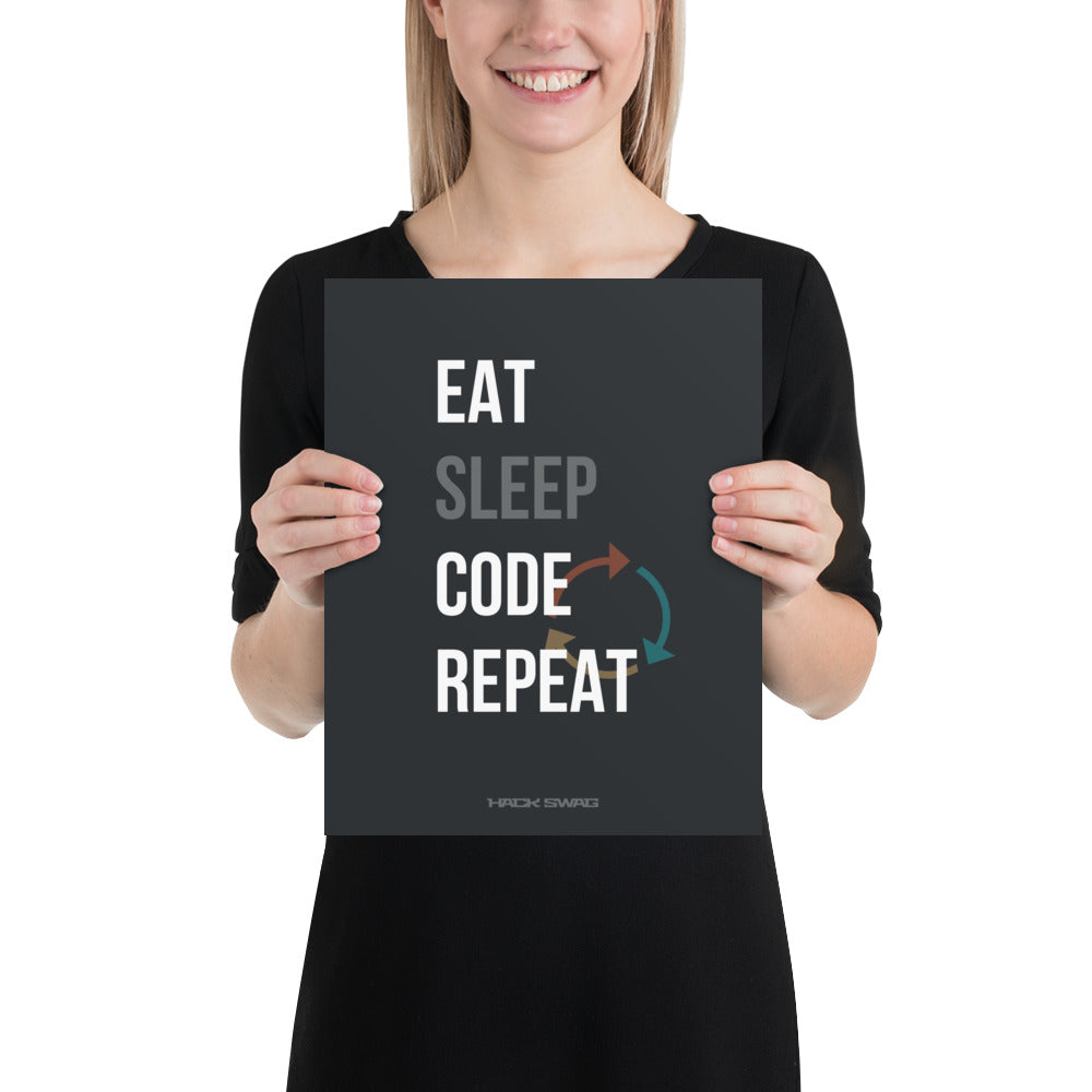 Product mockup- Person holding a black poster with 'EAT SLEEP CODE REPEAT' text.