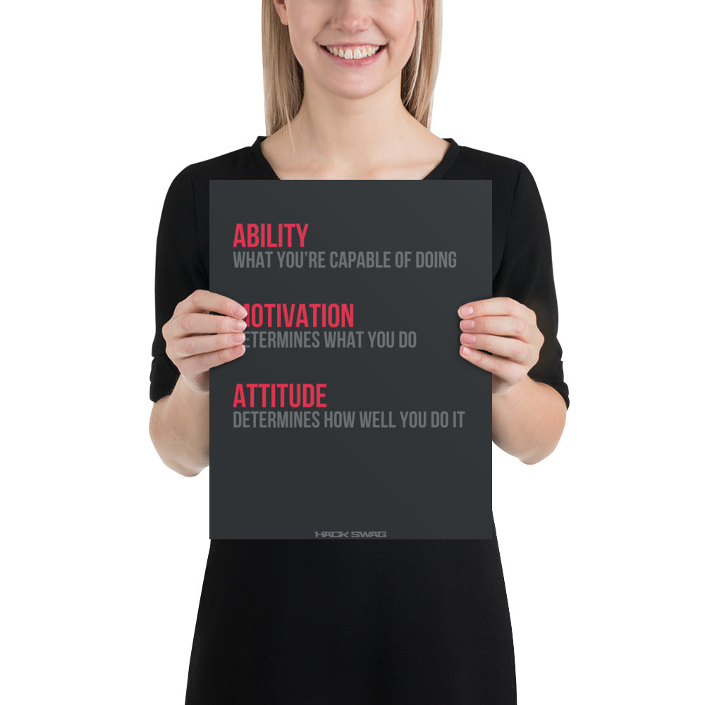 Person holding a motivational poster with text on a white background