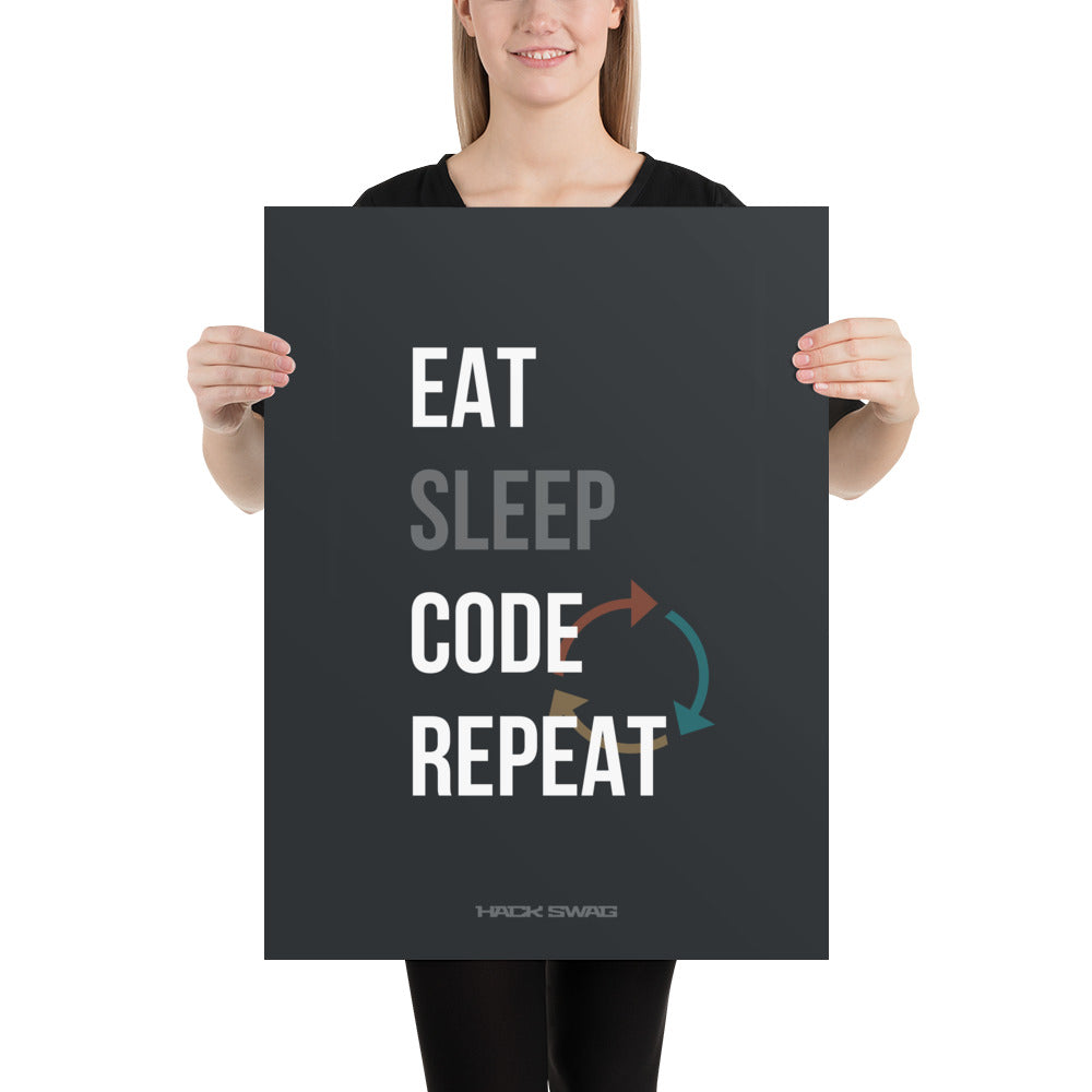 Product mockup- Person holding a black poster with 'EAT SLEEP CODE REPEAT' text and a logo.