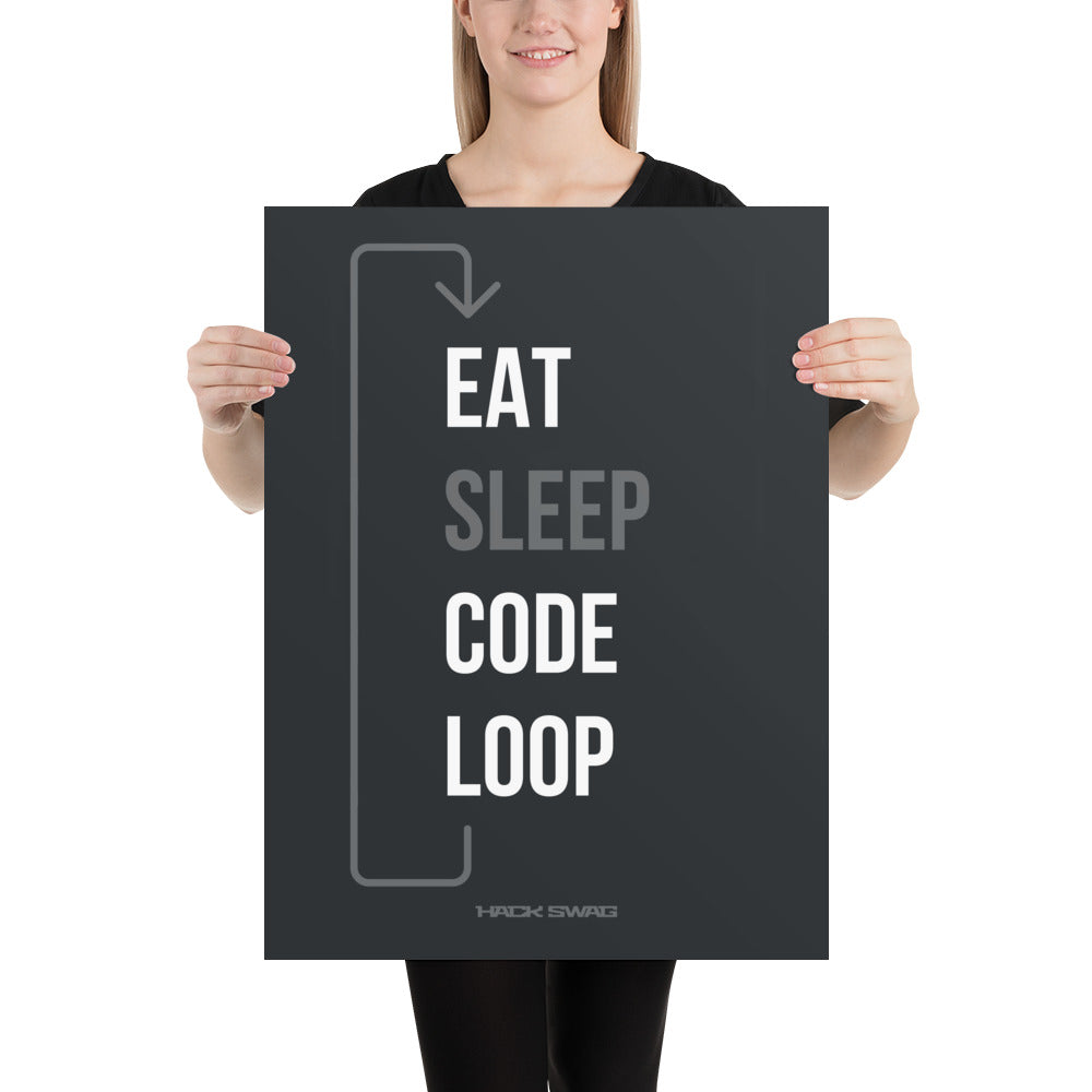 Product mockup- Person holding a black poster with 'EAT SLEEP CODE LOOP' text design.