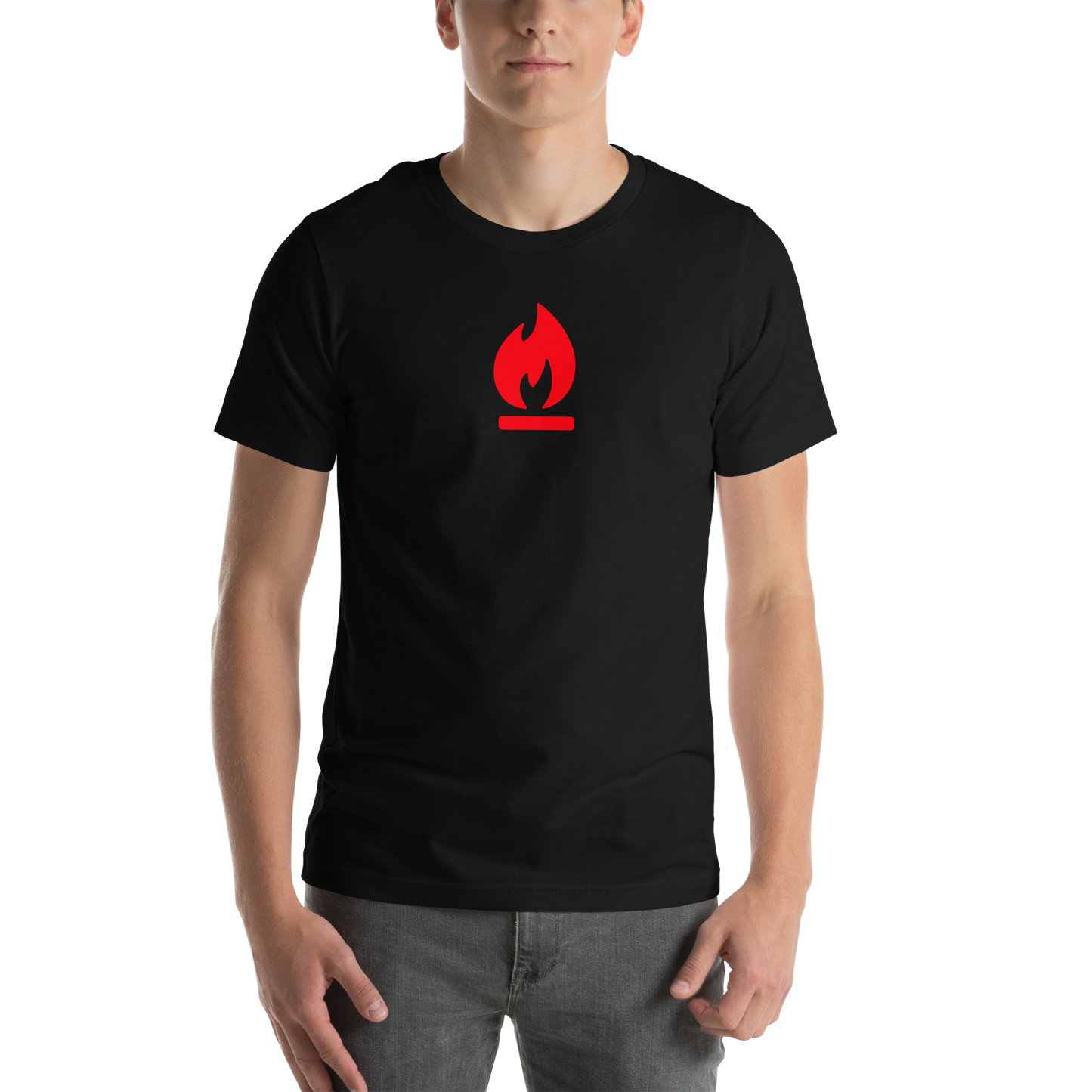 Person wearing a black t-shirt with a red flame on a white background