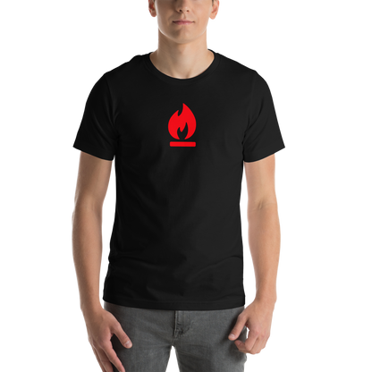 Person wearing a black t-shirt with a red flame on a white background