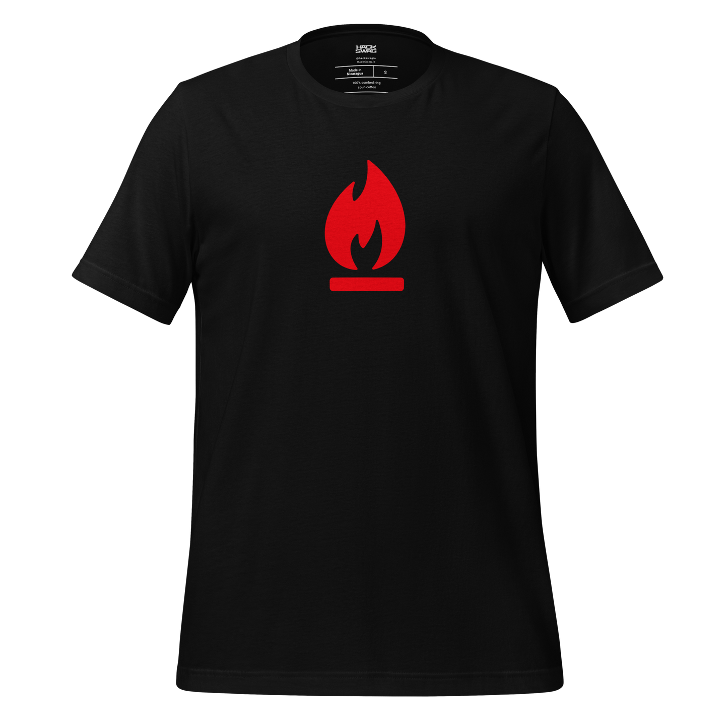 Black t-shirt with a red flame on a white background