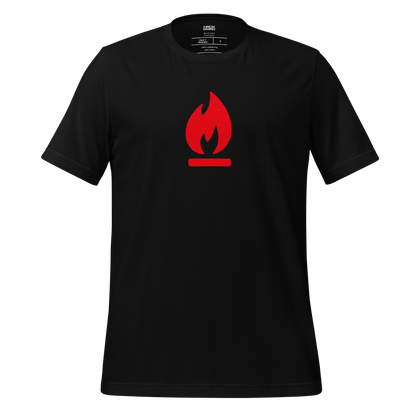 Black t-shirt with a red flame on a white background