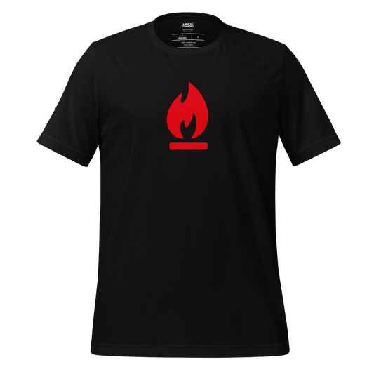 Black t-shirt with a red flame on a white background