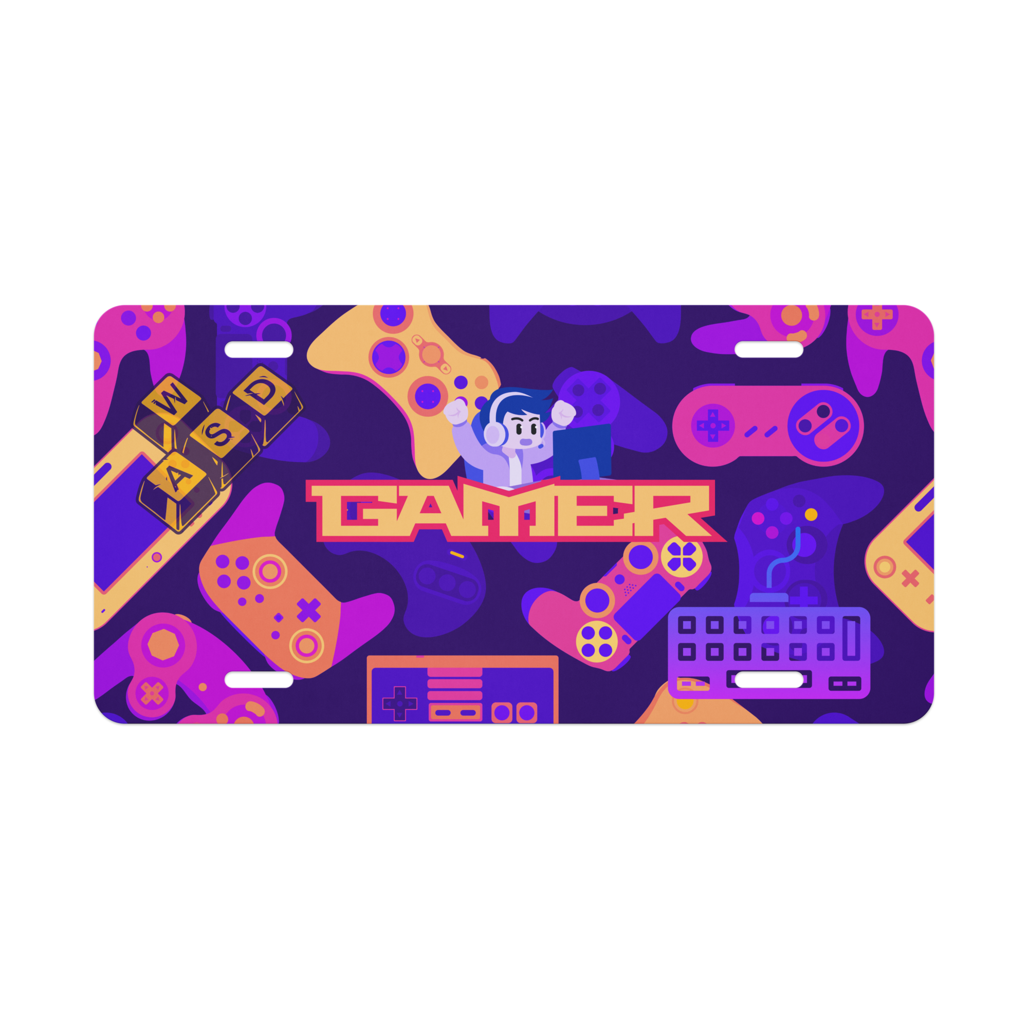 Gaming-themed license plate with colorful graphics and the word 'Gamer' on a purple background.