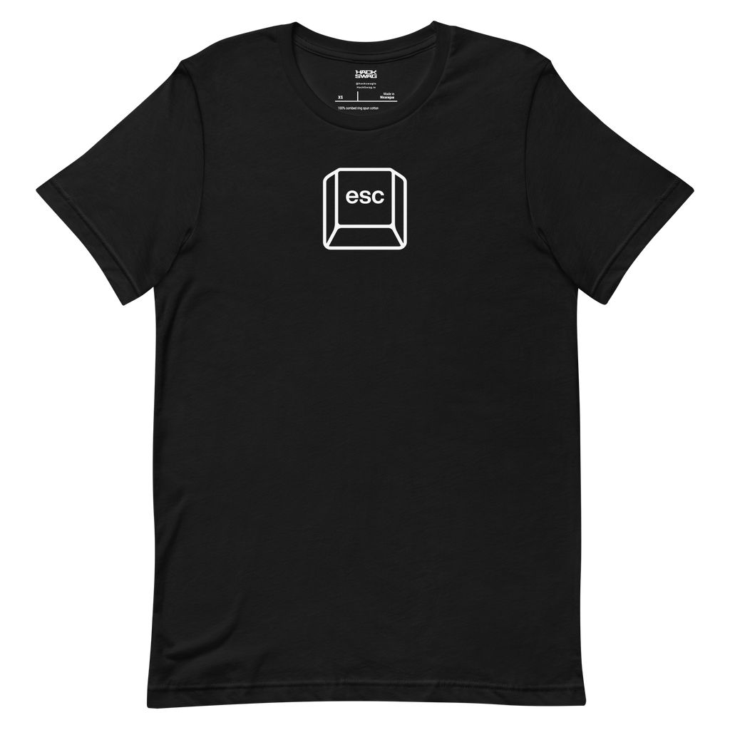 Black t-shirt with a white 'esc' key graphic