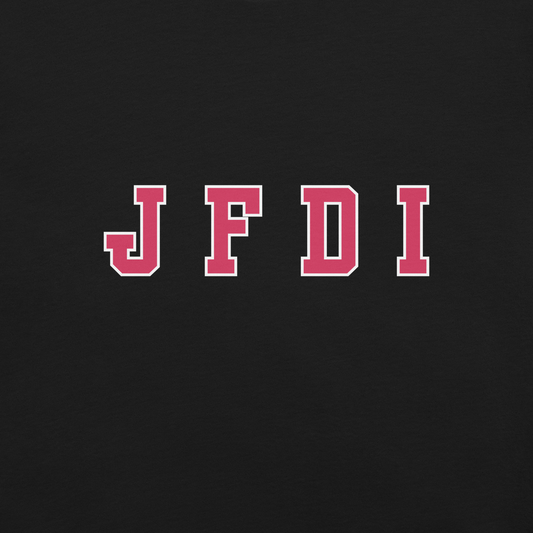 Black t-shirt with the text 'J F D I' in red bold letters, arranged in a square formation