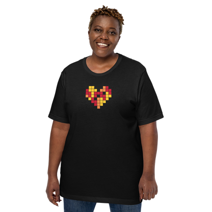 Person wearing a black t-shirt with a colorful heart design