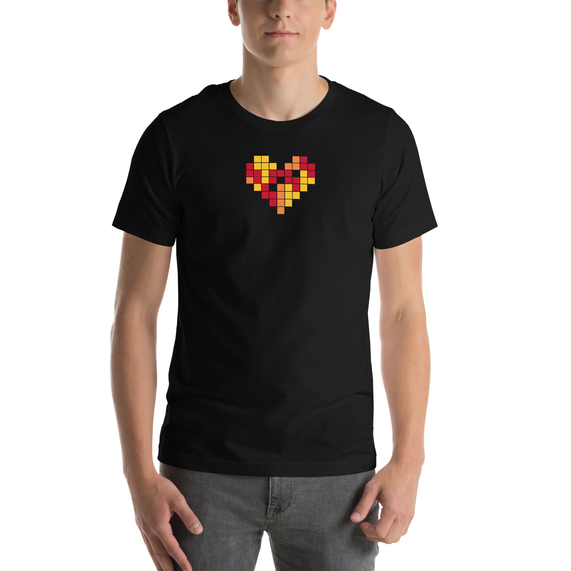 Person wearing a black t-shirt with a colorful heart design