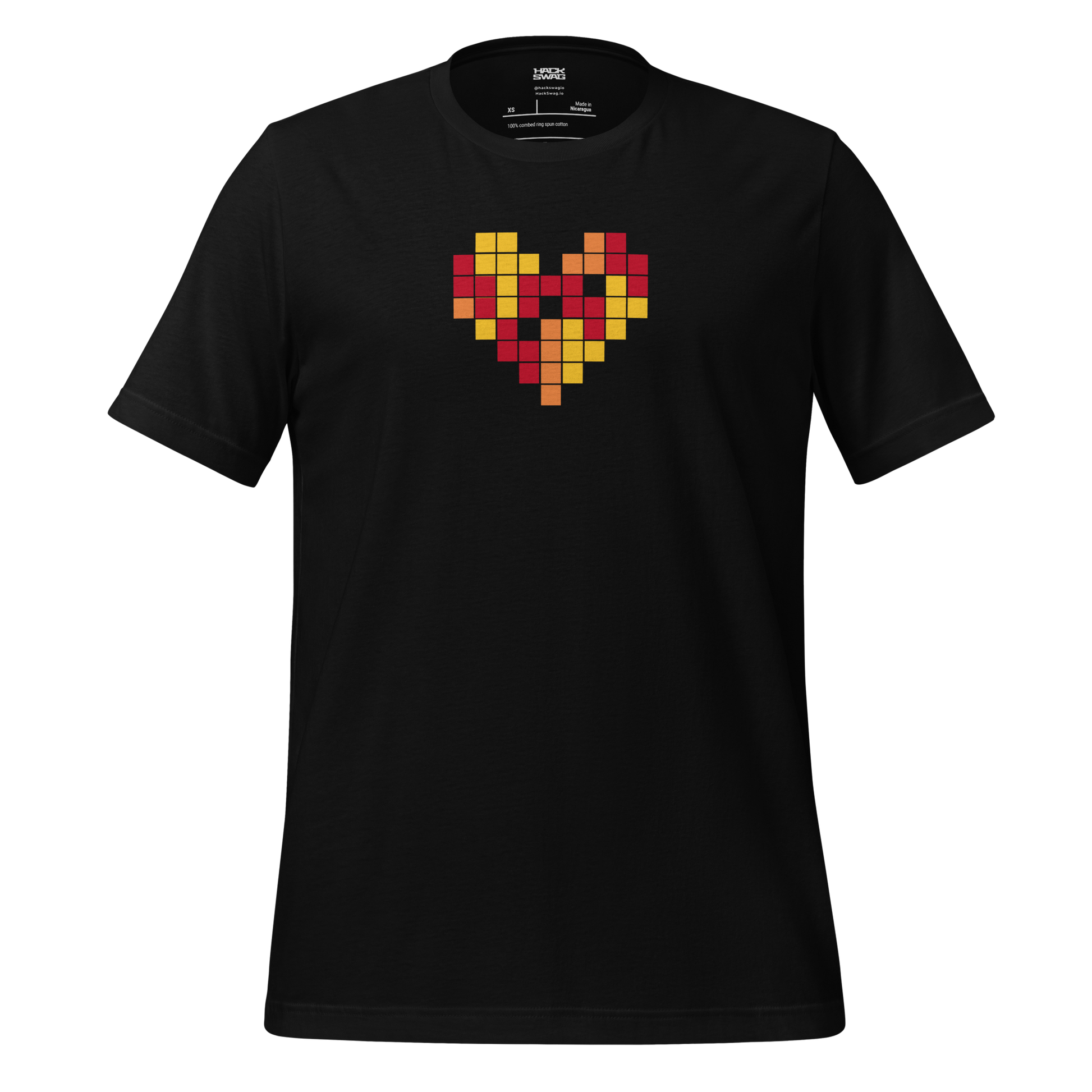 Black t-shirt with a pixelated heart design