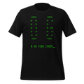 Black t-shirt with green text and symbols