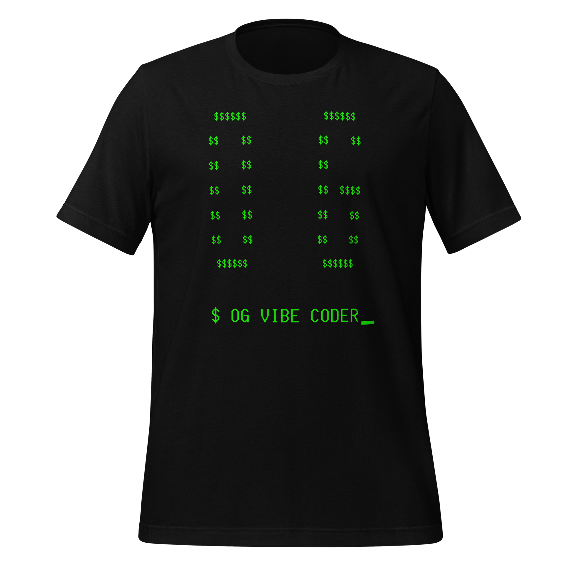 Black t-shirt with green text and symbols