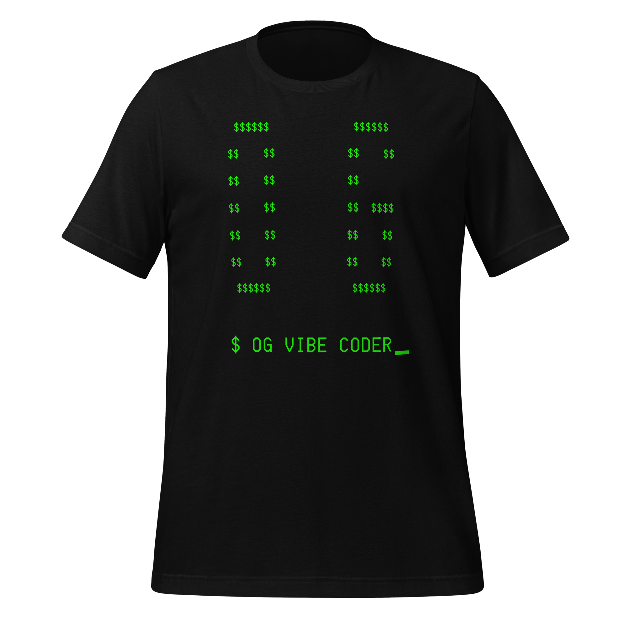 Black t-shirt with green text and symbols