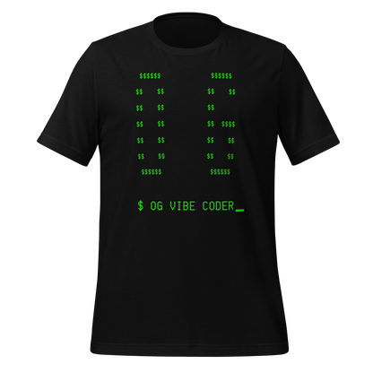 Black t-shirt with green text and symbols
