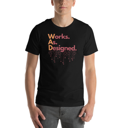 Black crew neck t-shirt with 'Works As Designed' text design on the front.