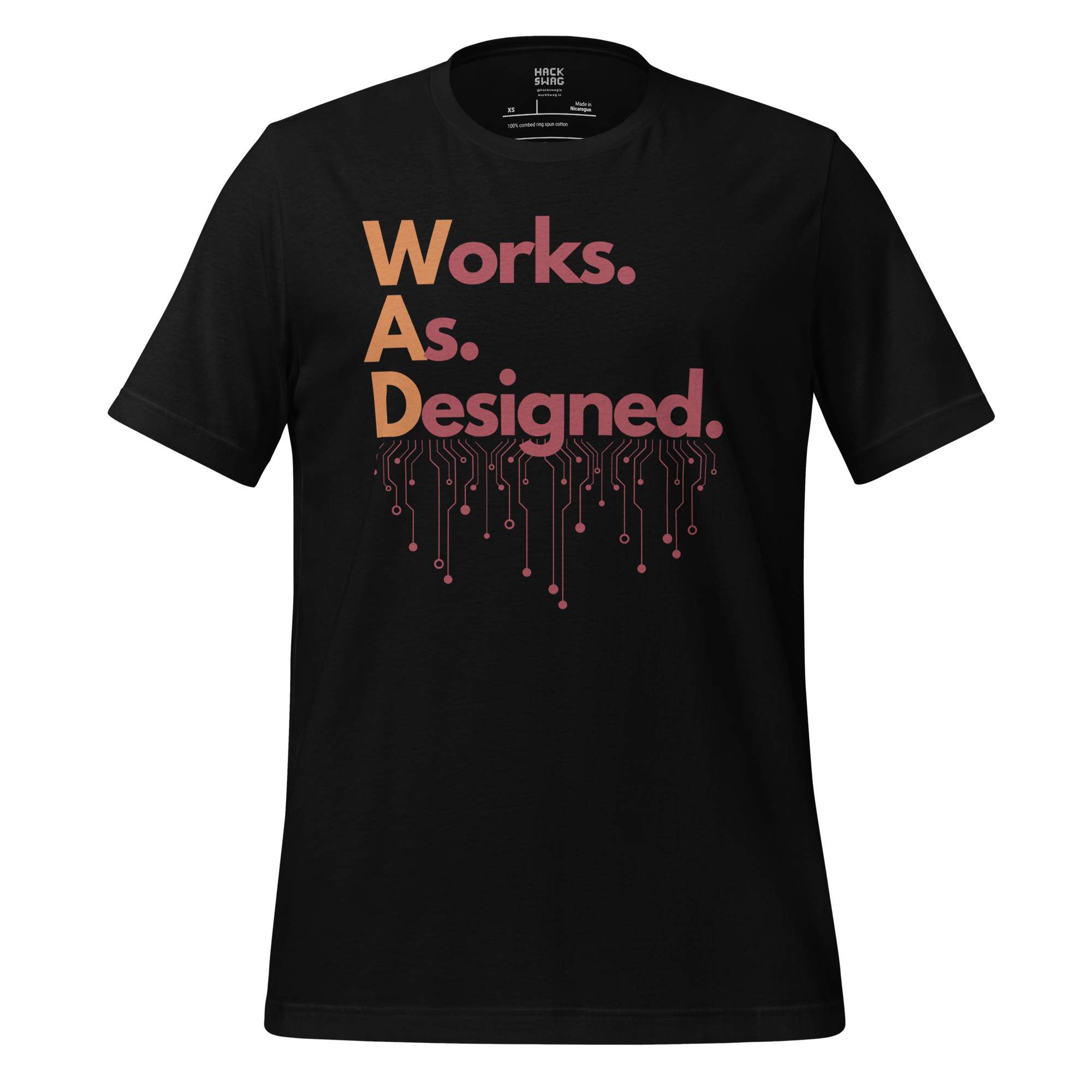 Black t-shirt with 'Works. As. Designed.' text and circuit design on a white background