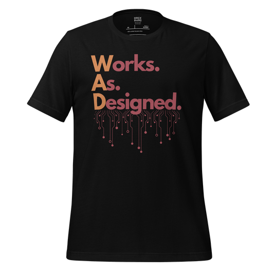 Black t-shirt with 'Works. As. Designed.' text and circuit design on a white background