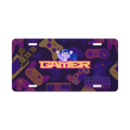 Gaming-themed license plate with joystick, controller, and 'Gamer' text on a purple background in dark mode.