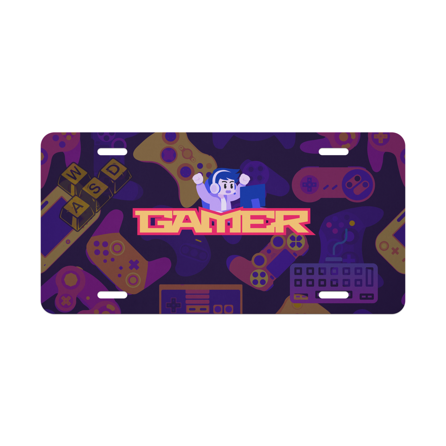 Gaming-themed license plate with joystick, controller, and 'Gamer' text on a purple background in dark mode.
