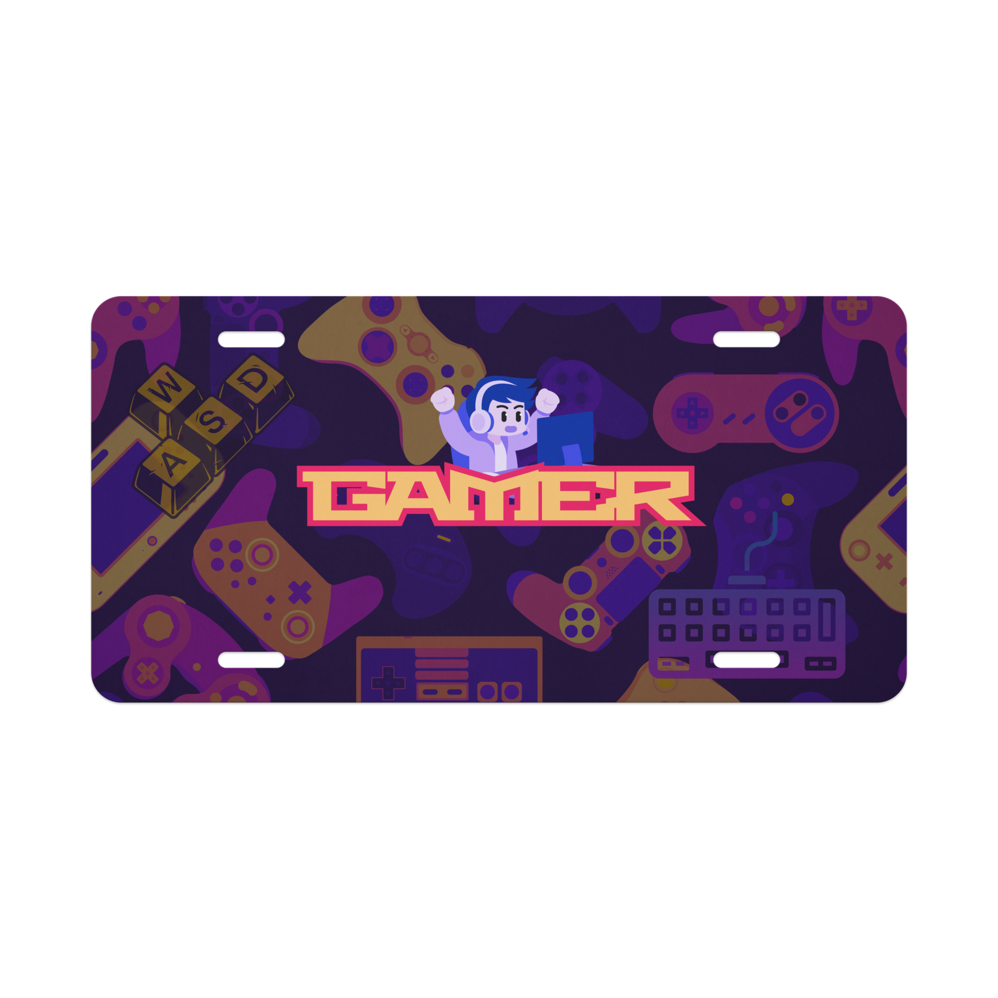 Gaming-themed license plate with joystick, controller, and 'Gamer' text on a purple background in dark mode.