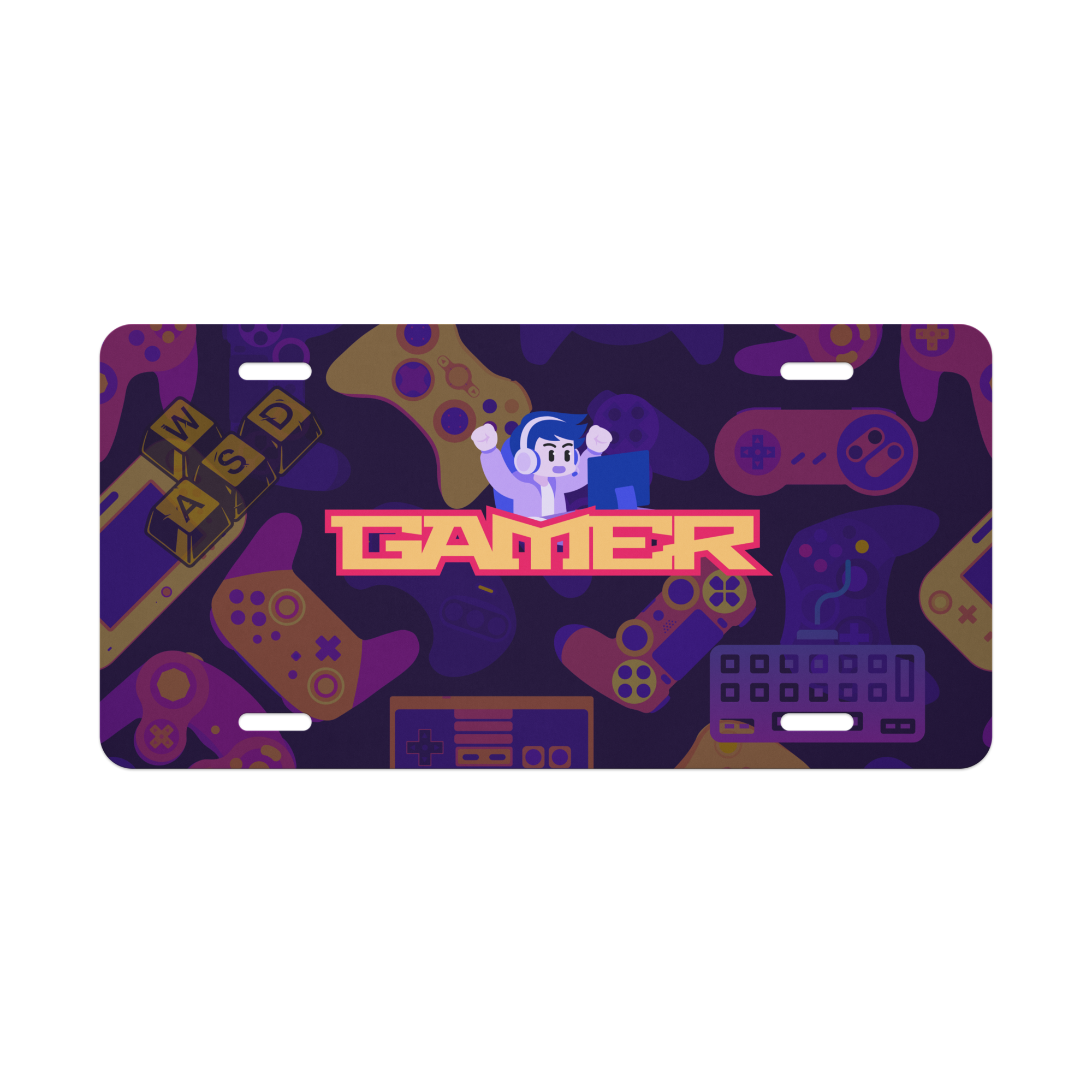 Gaming-themed license plate with joystick, controller, and 'Gamer' text on a purple background in dark mode.