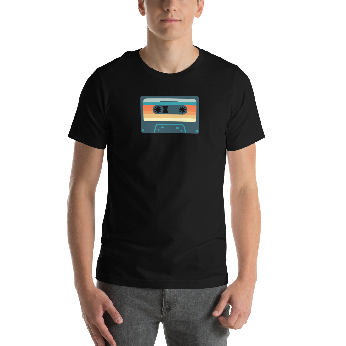 Person wearing a black t-shirt with a colorful cassette tape design 
