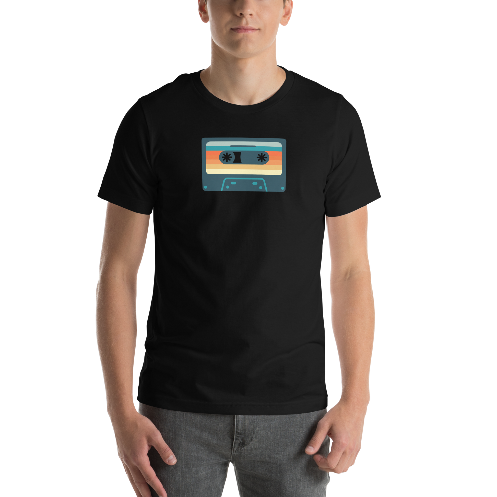 Person wearing a black t-shirt with a colorful cassette tape design 